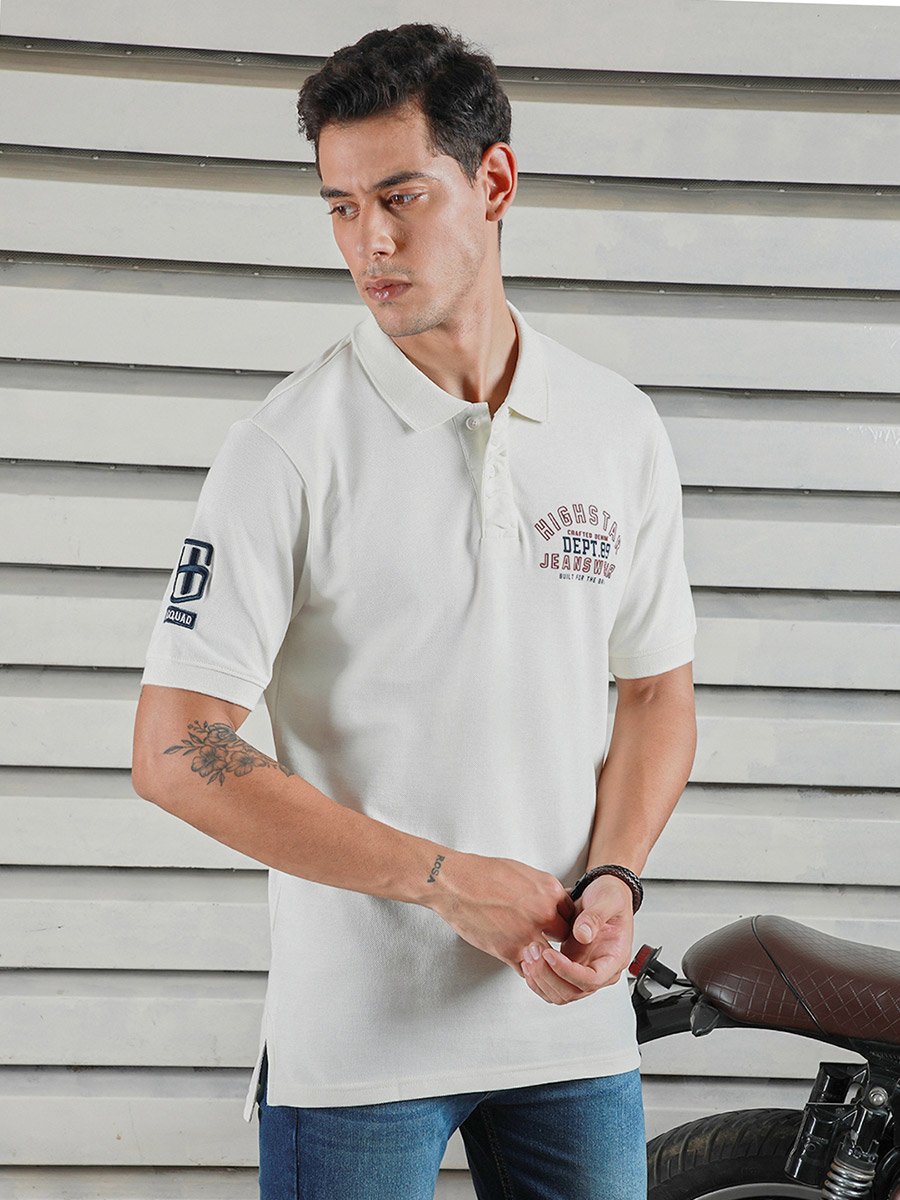Slogan Print Regular Fit Polo Neck T-Shirt