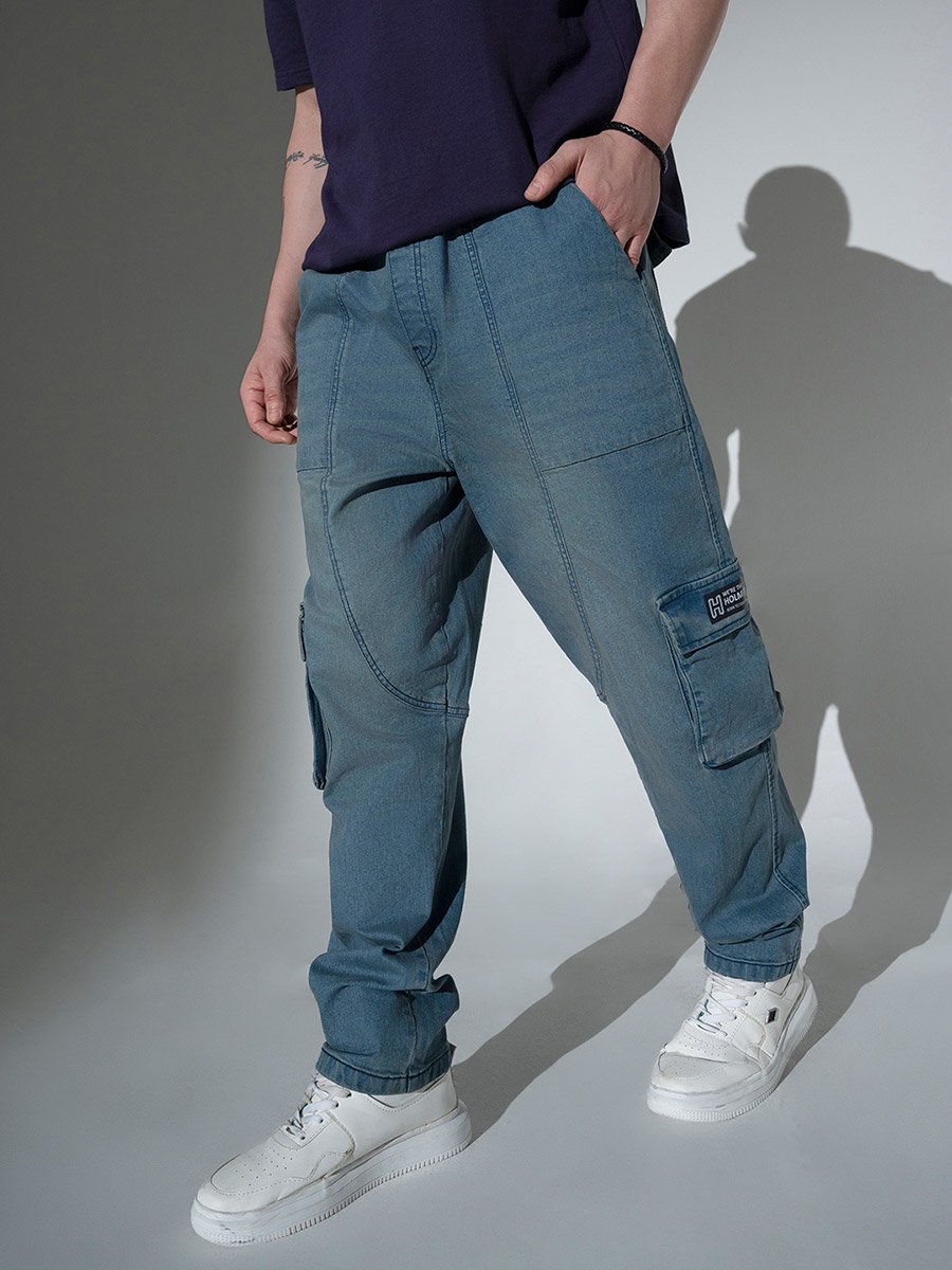 Mid Rise Regular Fit Faded Jeans with Cargo Pockets