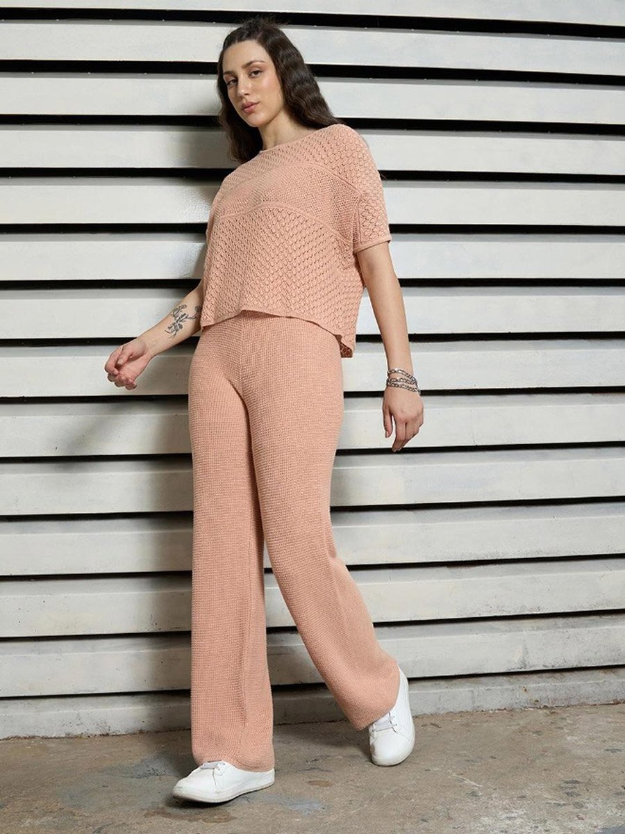 Knitted Details Short Sleeves Top and Trousers Set