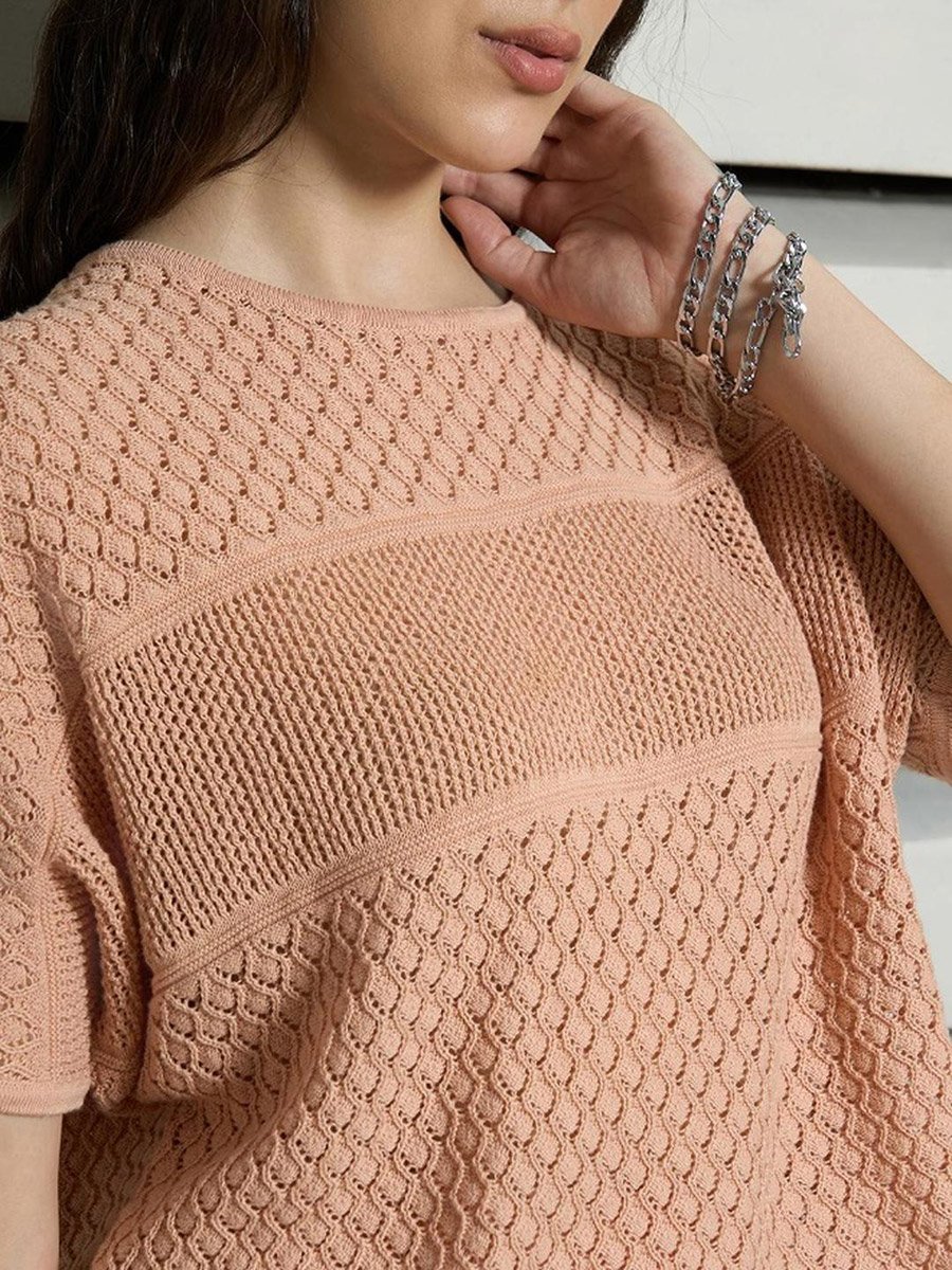 Knitted Details Short Sleeves Top and Trousers Set