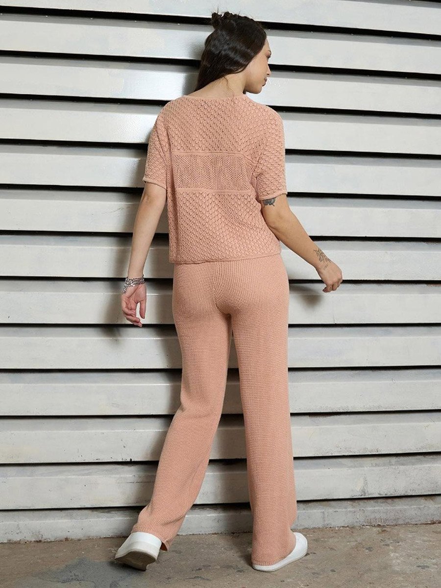 Knitted Details Short Sleeves Top and Trousers Set