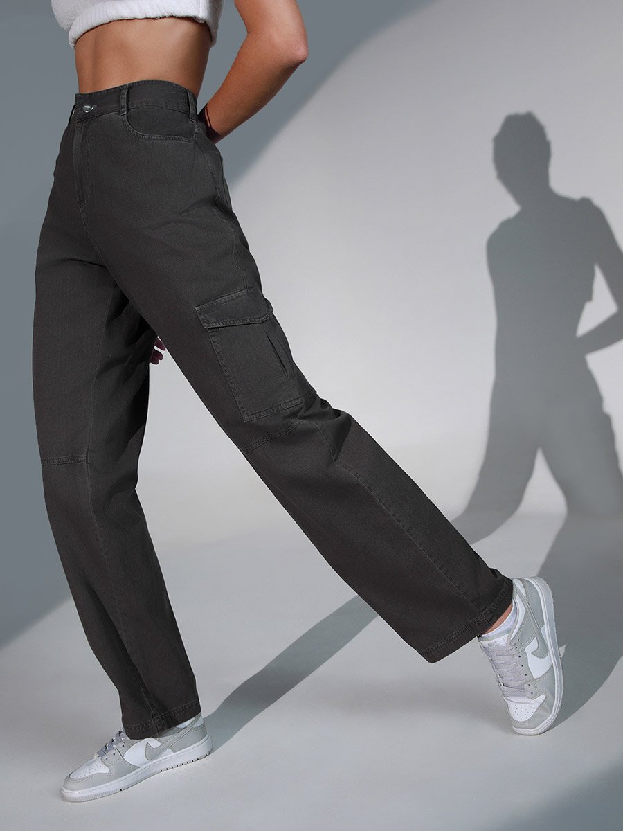 Solid High Rise Cargo Pants