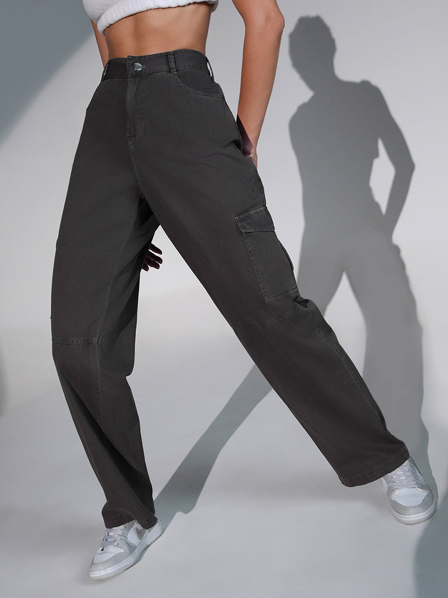Solid High Rise Cargo Pants