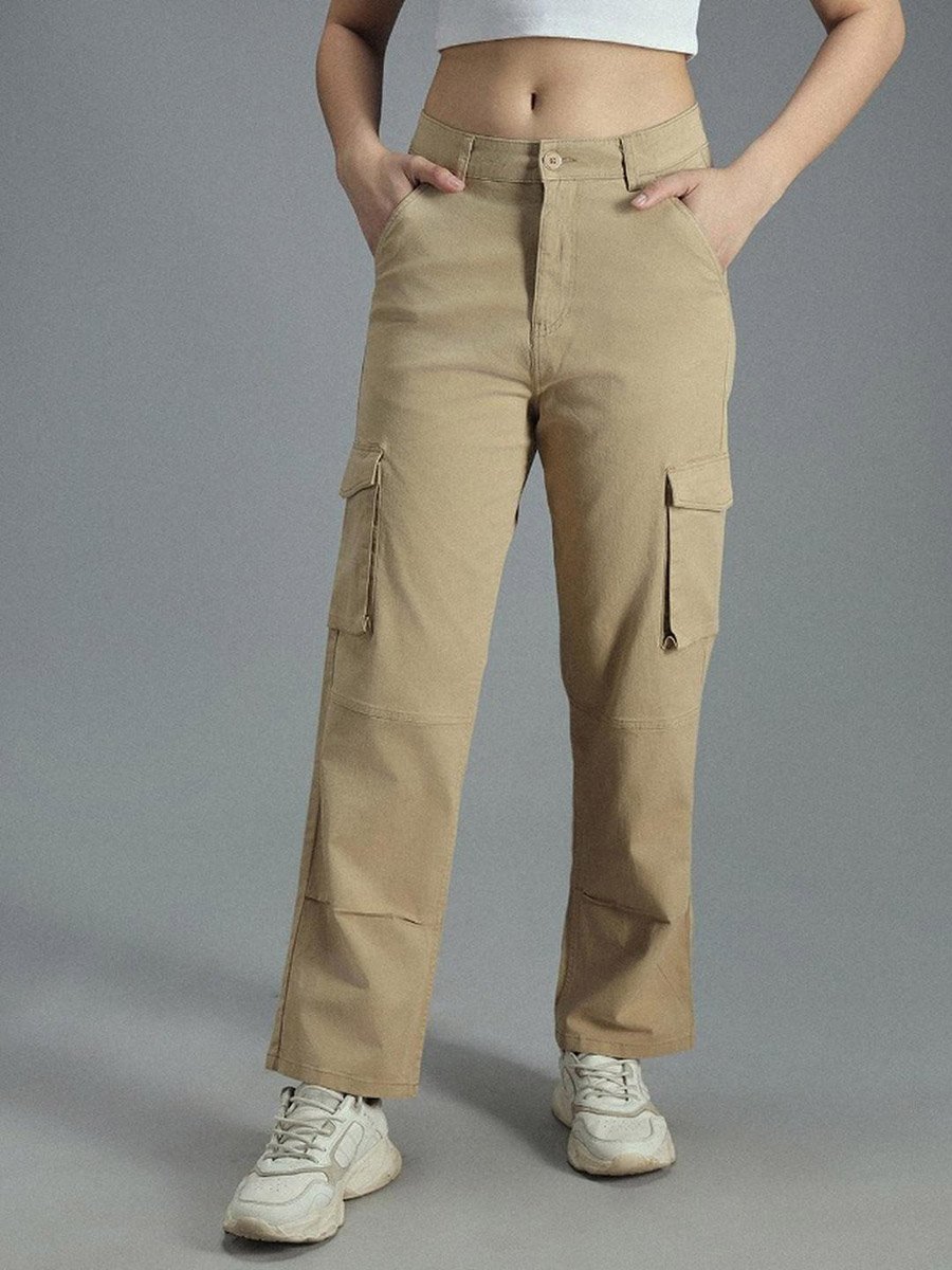 Solid High Rise Cargo Pants