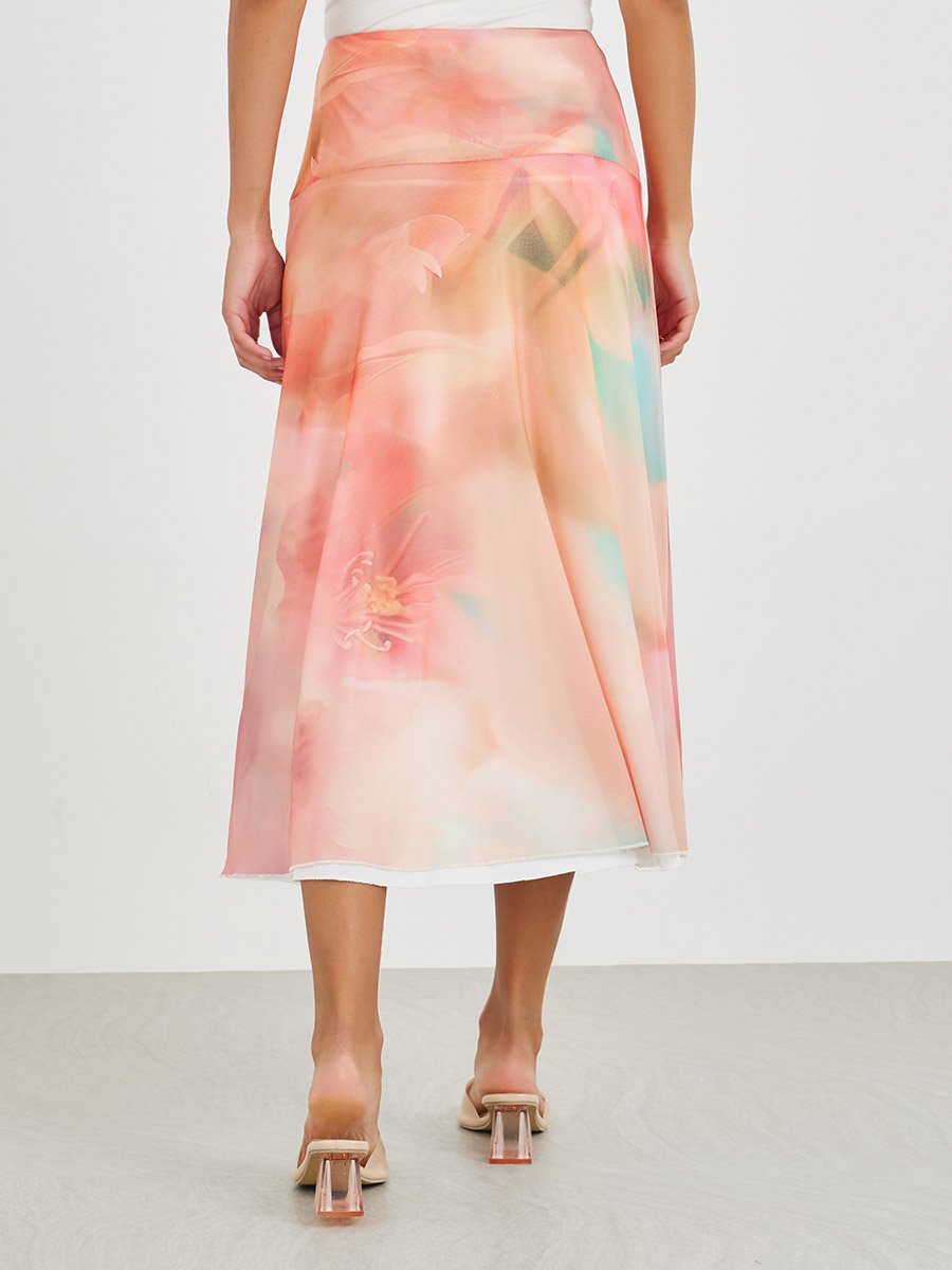 All-Over Floral Print Mesh Midi Skirt
