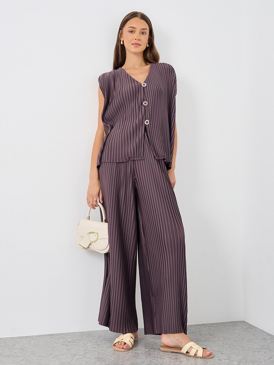 Elasticated Waistband Wide Leg Plisse Trousers