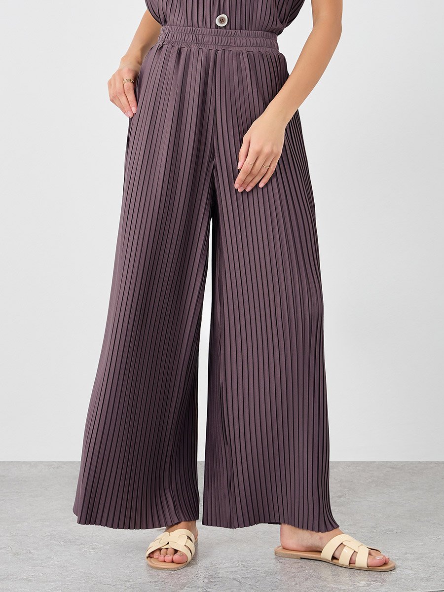 Elasticated Waistband Wide Leg Plisse Trousers