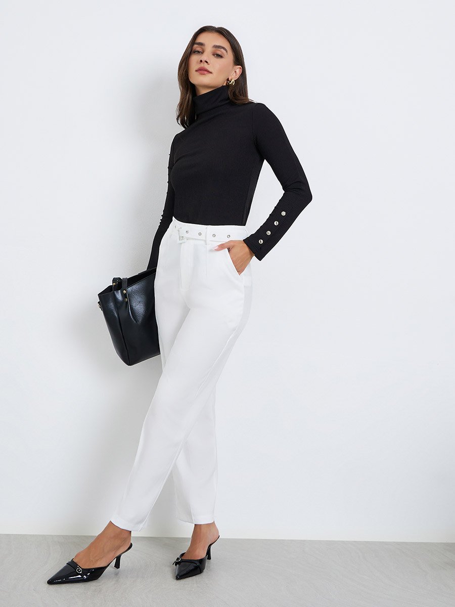 Solid Tapered Fit Trousers with Belt Detail