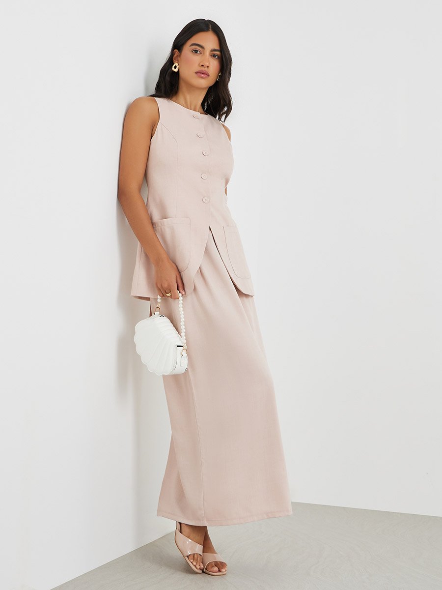 Solid Mid Rise Linen Maxi Skirt