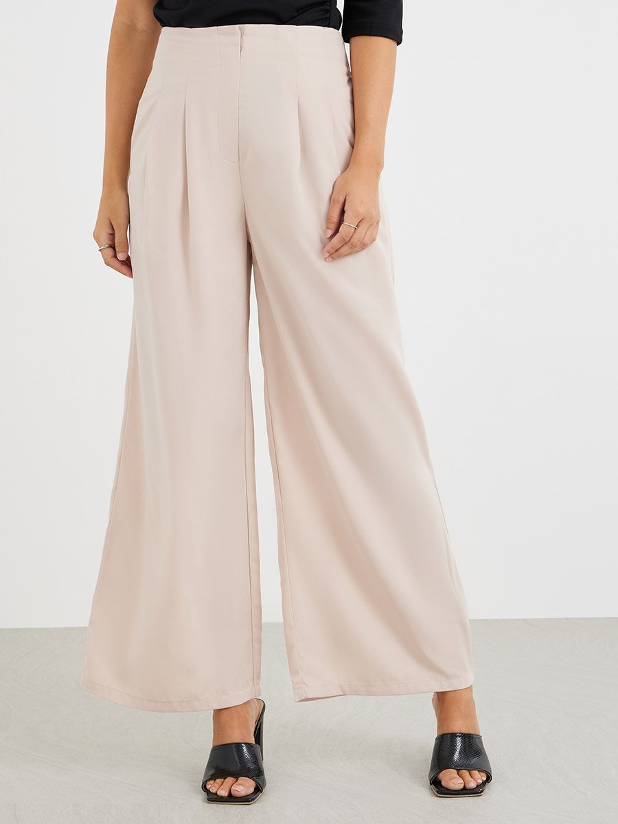 Solid High Rise Pleated Wide Leg Pants
