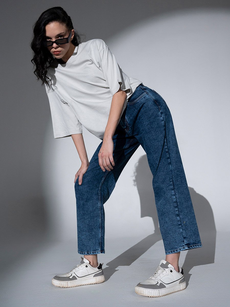 High Rise Mid Wash Regular Fit Jeans