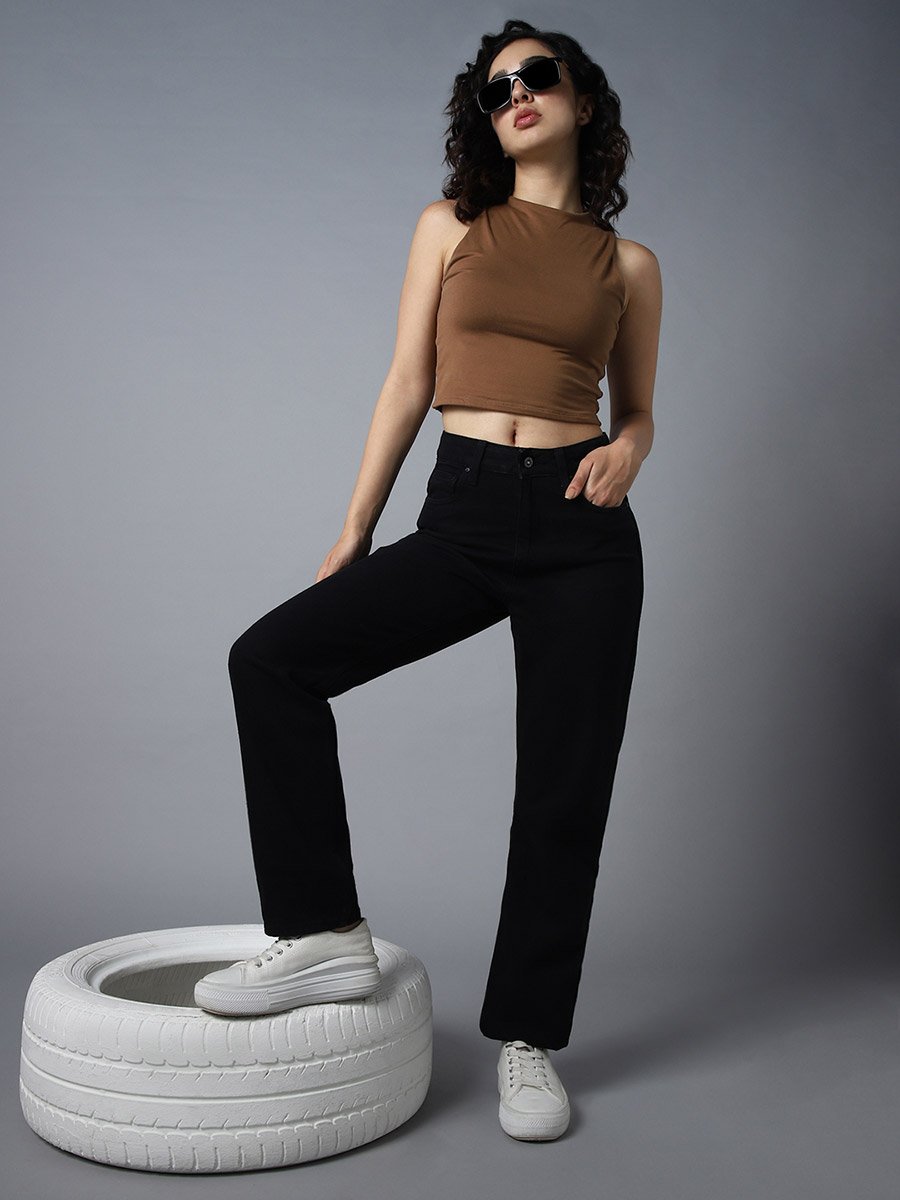 High Rise Solid Regular Fit Jeans