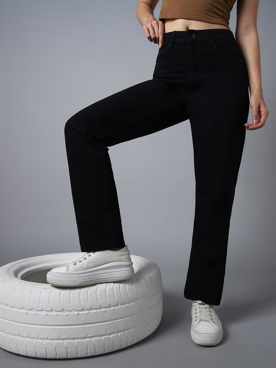 High Rise Solid Regular Fit Jeans