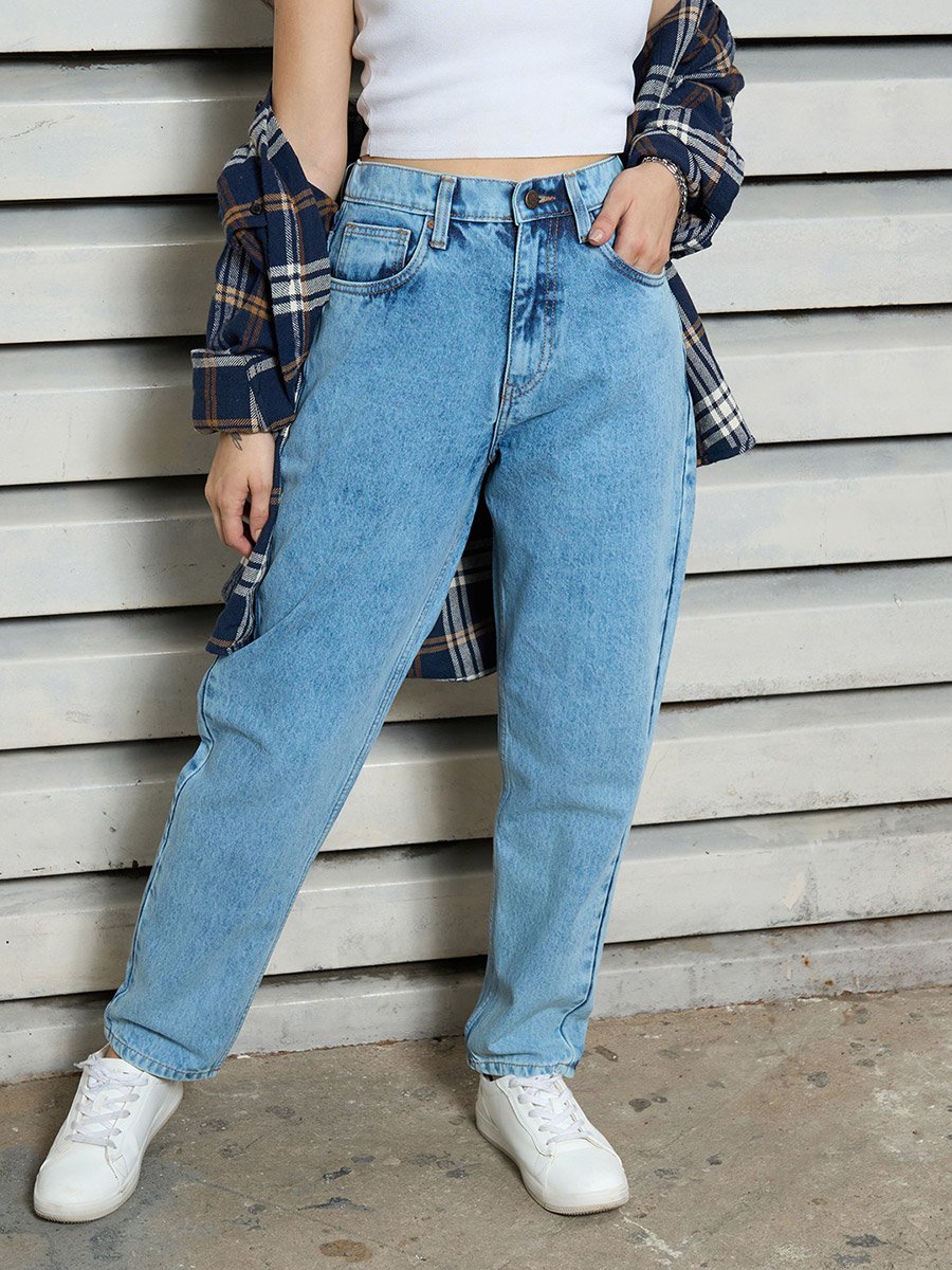 High Rise Mid Wash Regular Fit Jeans
