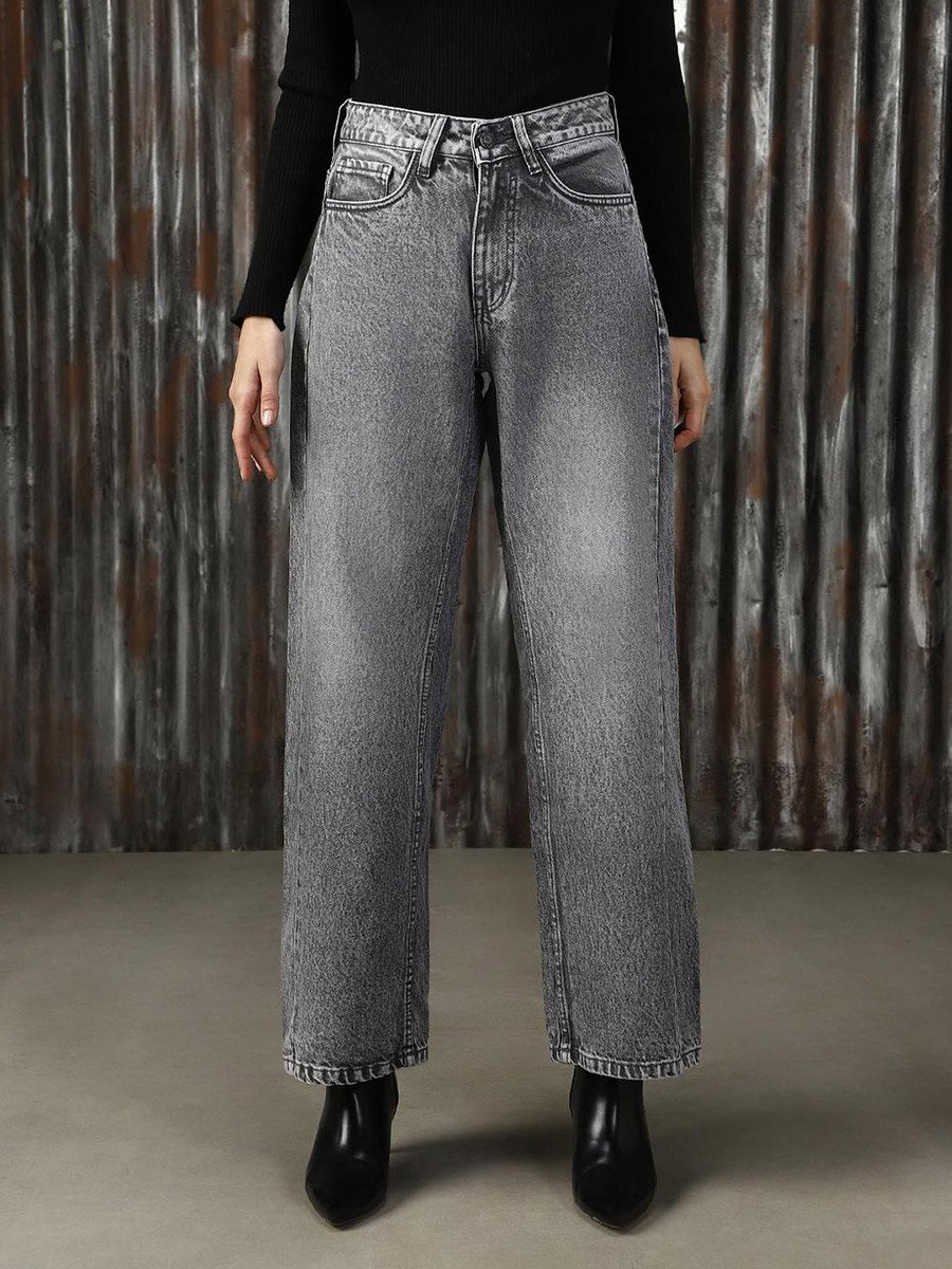 High Rise Faded Straight Fit Jeans