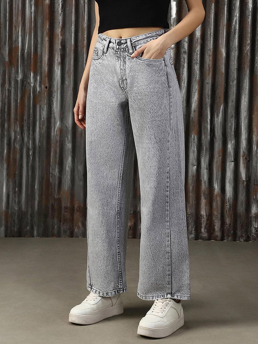 High Rise Mid Wash Straight Jeans