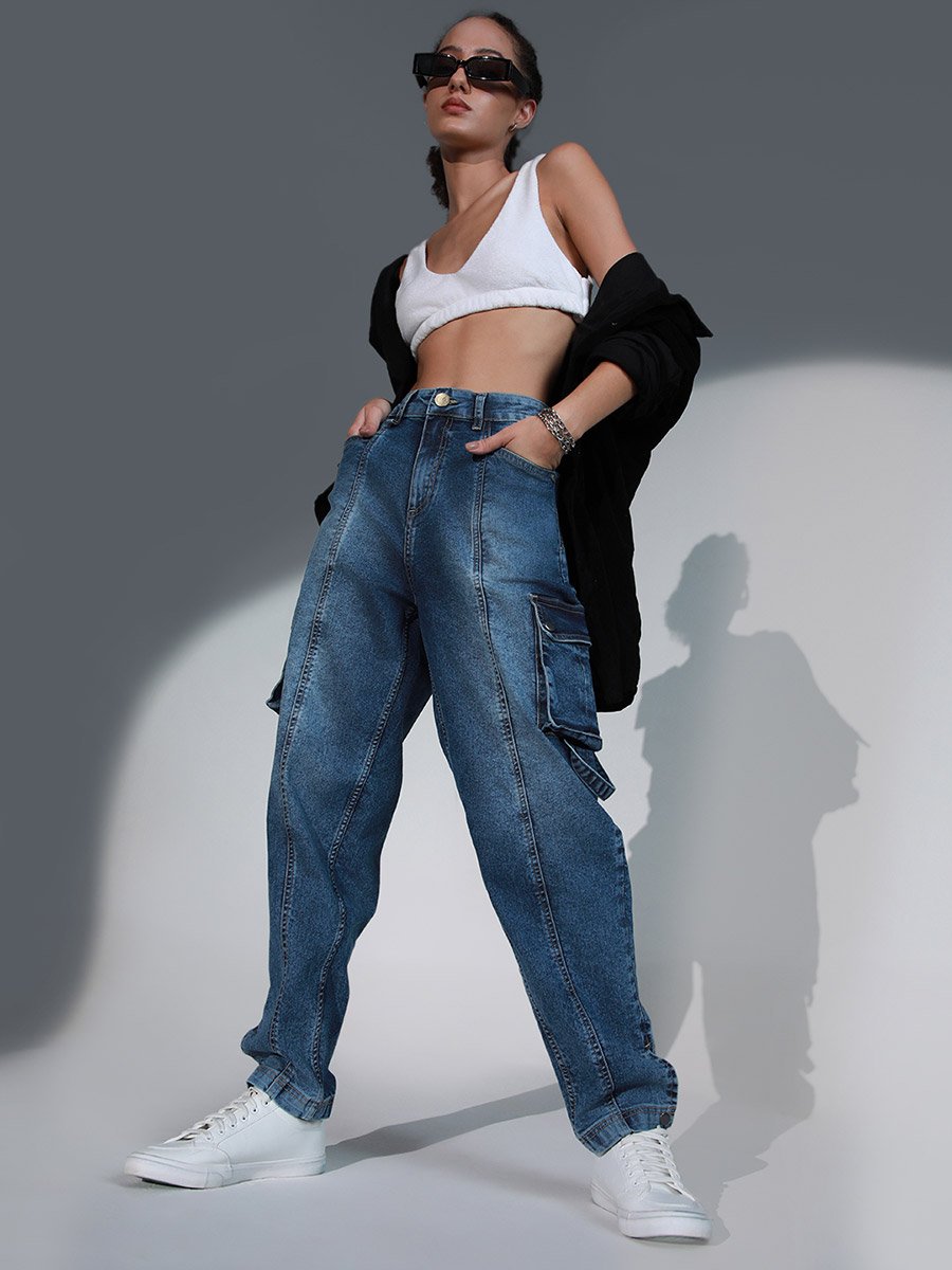High Rise Relaxed Fit Cargo Jeans
