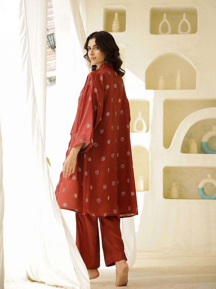 Printed Kimono with V-Neck Top and Trousers Co-ords