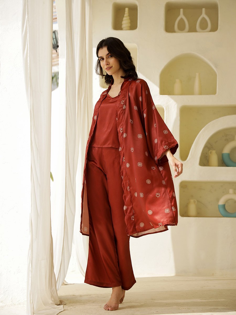Printed Kimono with V-Neck Top and Trousers Co-ords