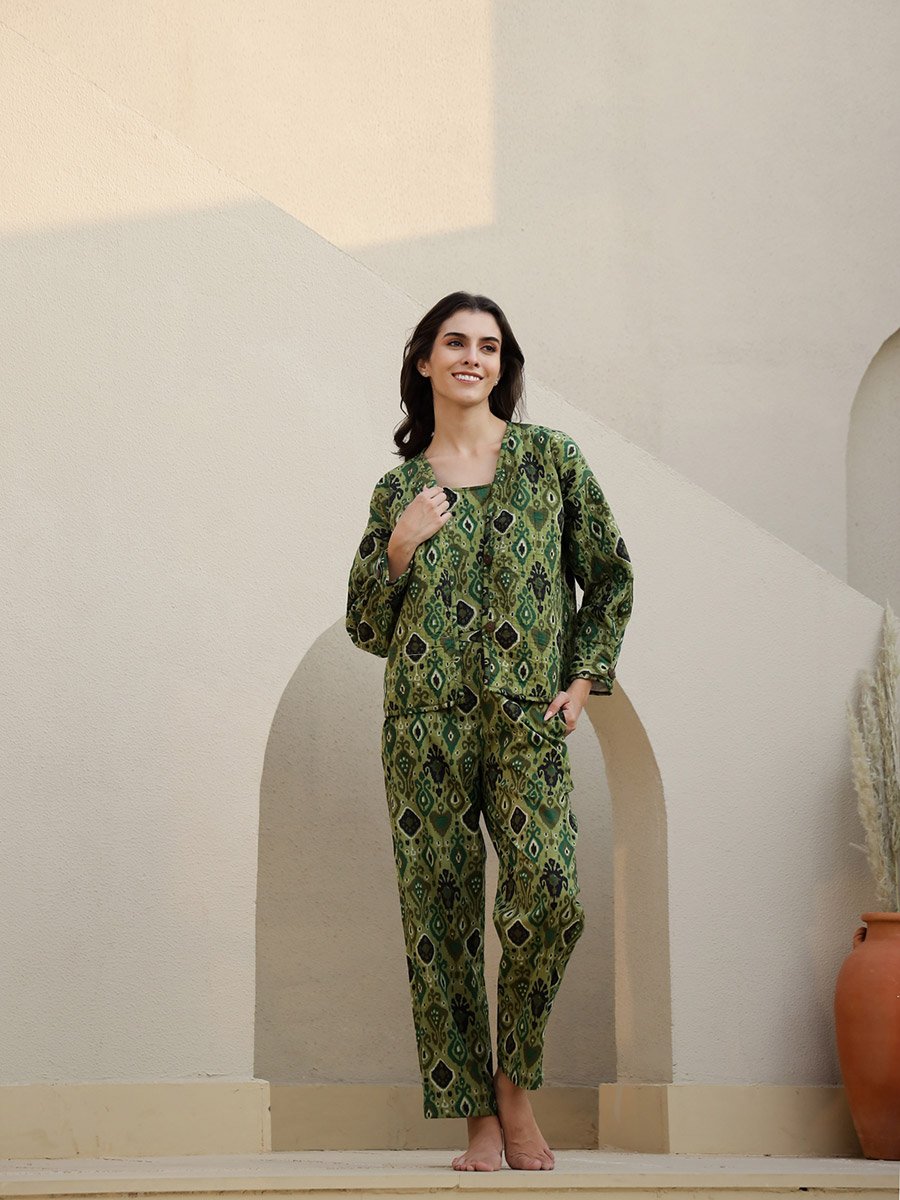 Floral Print Top with Jacket and Trousers Set