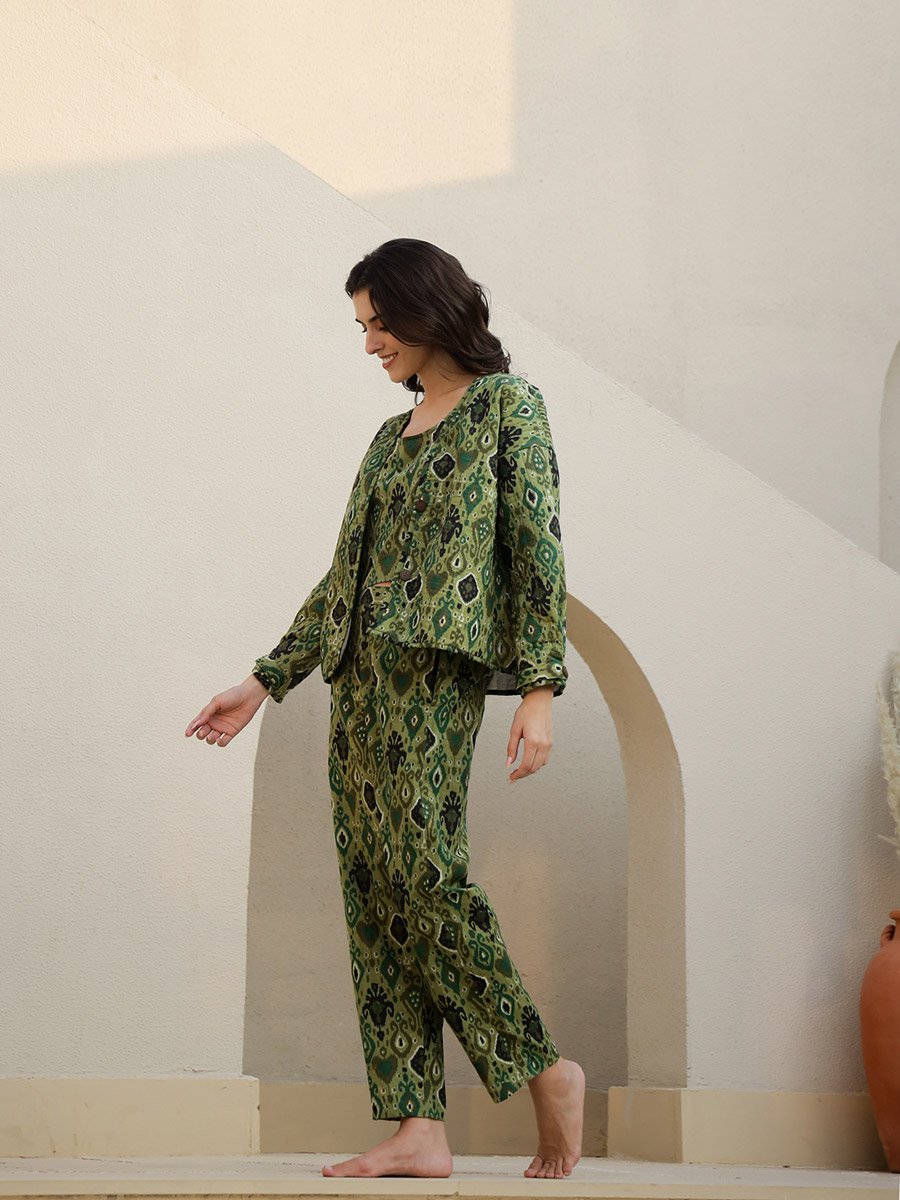 Floral Print Top with Jacket and Trousers Set