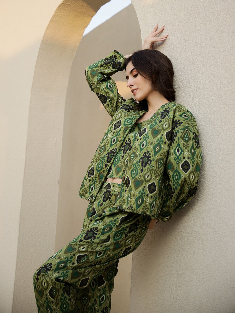 Floral Print Top with Jacket and Trousers Set