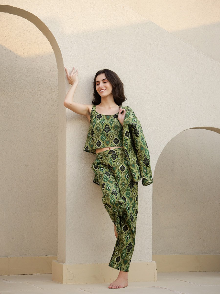 Floral Print Top with Jacket and Trousers Set