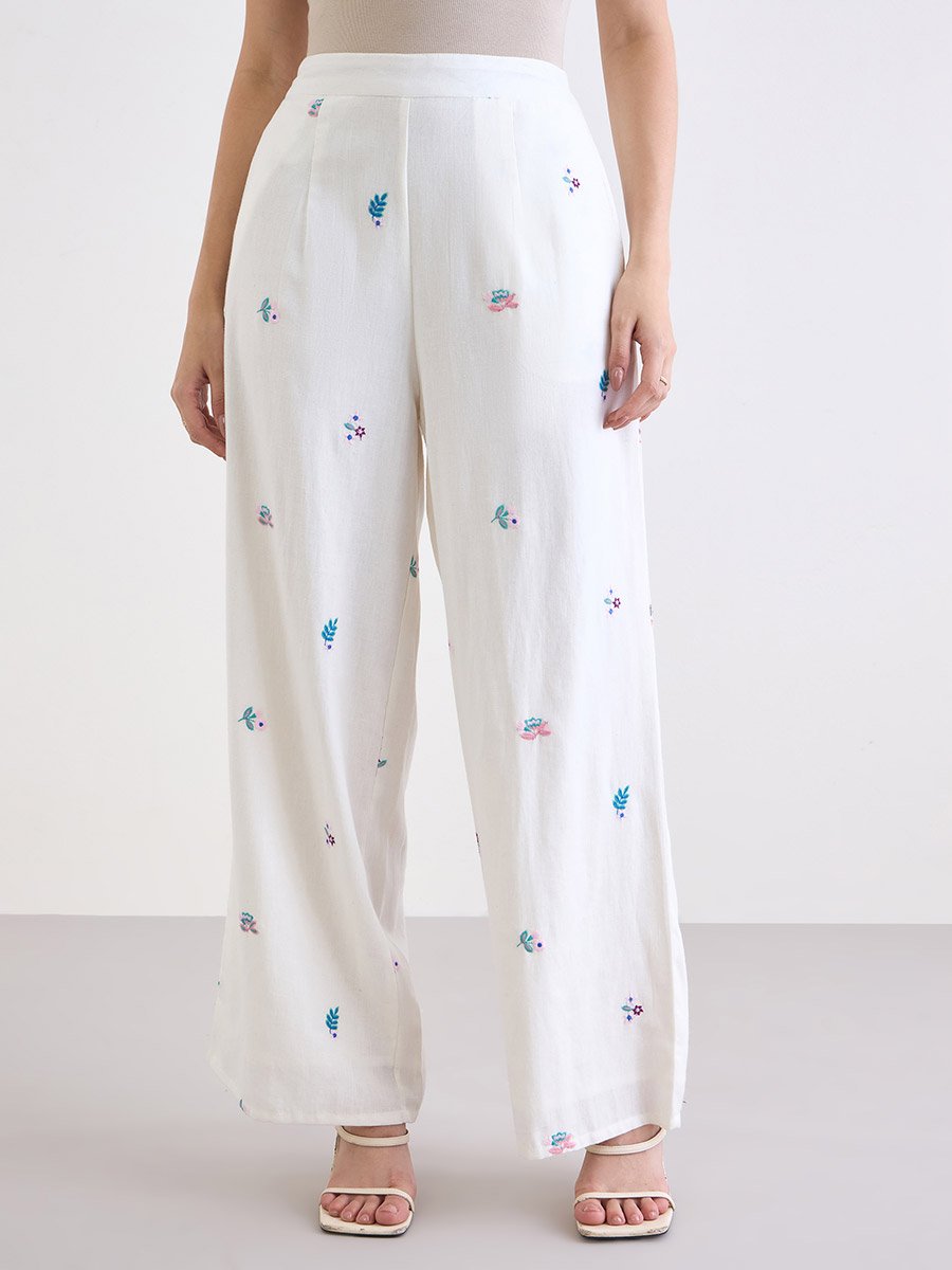 Off White Embroidered Wide Leg Trousers