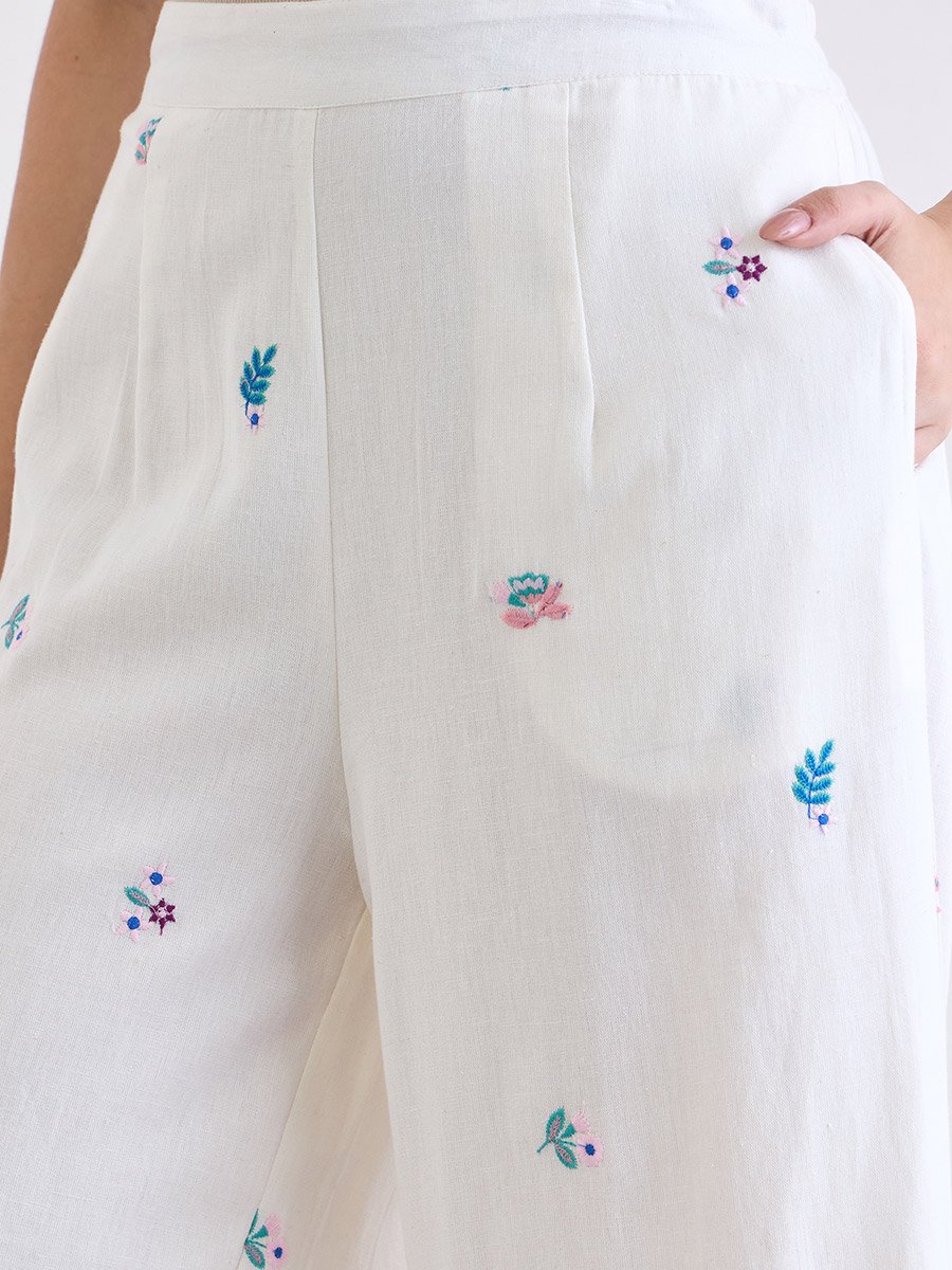 Off White Embroidered Wide Leg Trousers