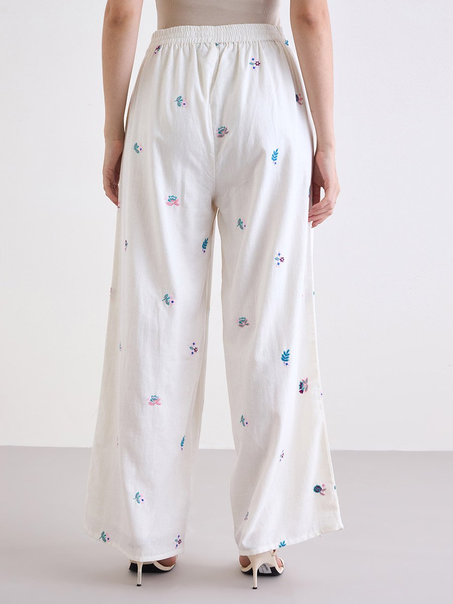 Off White Embroidered Wide Leg Trousers
