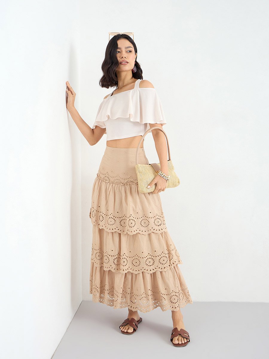 Beige Schiffli Layered Maxi Skirt For Women at Saudi | Styli