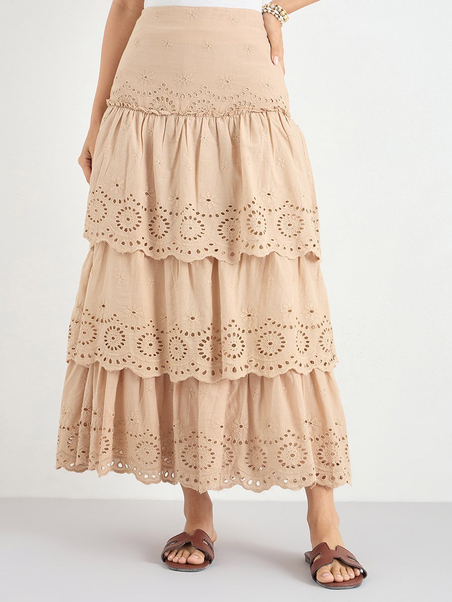 Beige Schiffli Layered Maxi Skirt For Women at Saudi | Styli