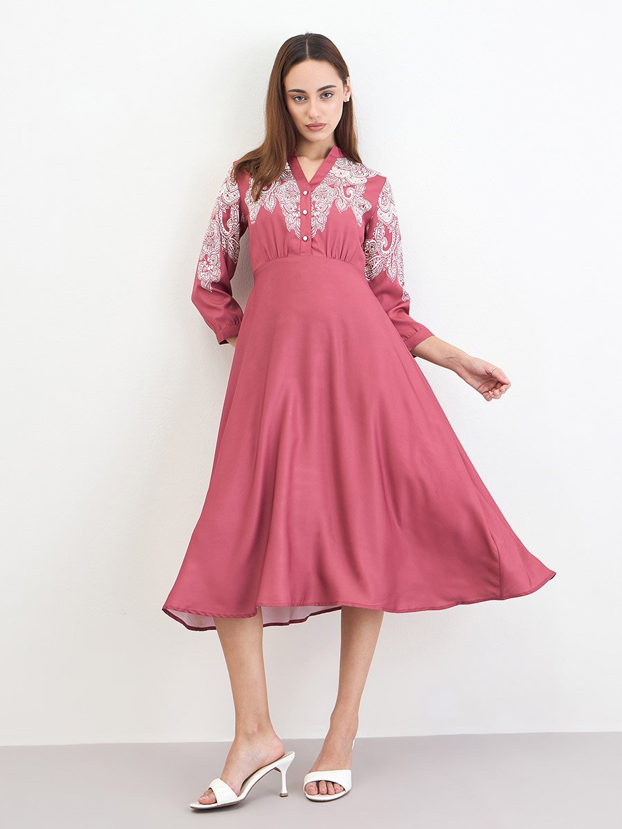 Pink Printed Buttoned Midi Dress