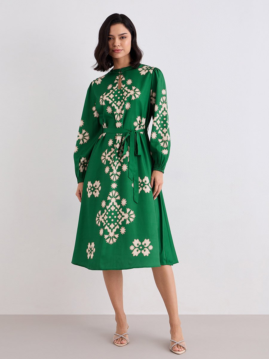 Green Geometric Print Midi Dress