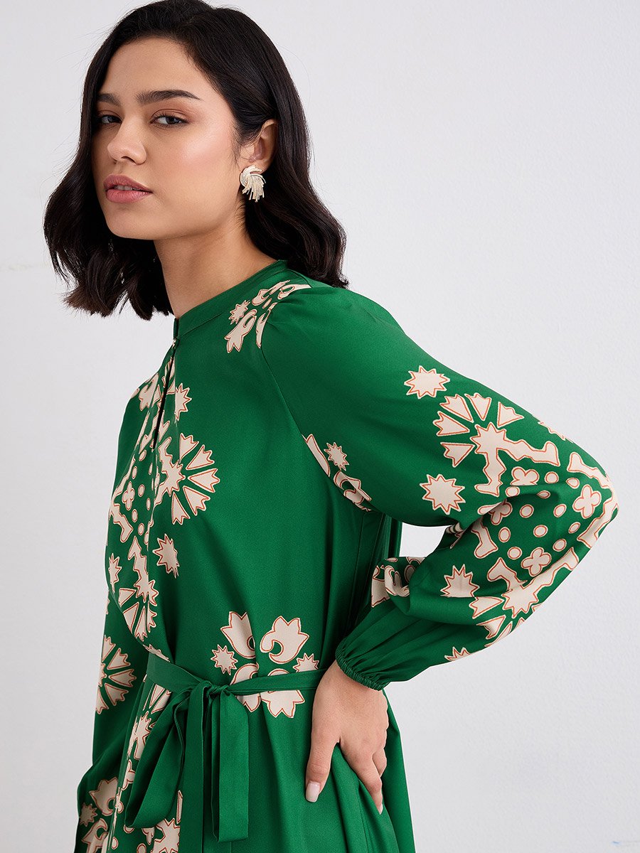 Green Geometric Print Midi Dress