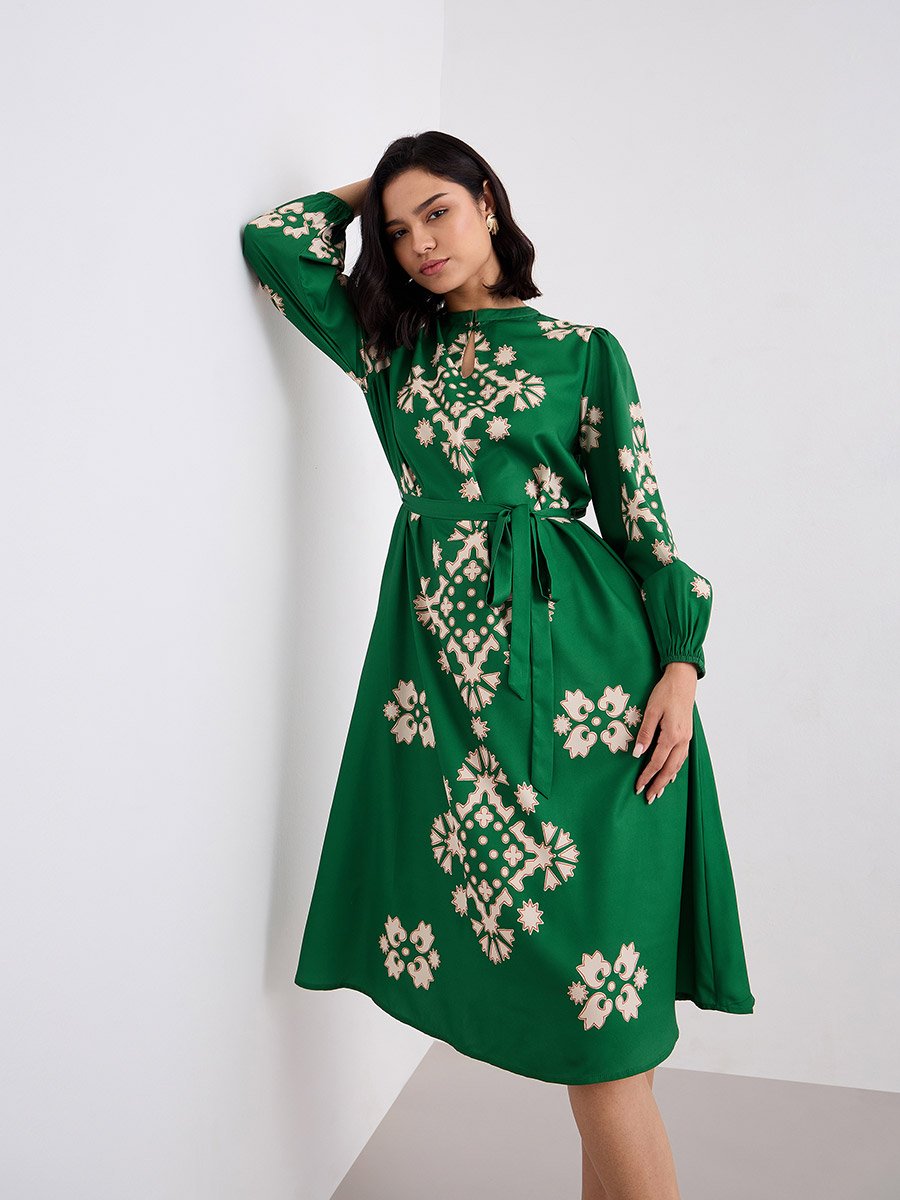 Green Geometric Print Midi Dress