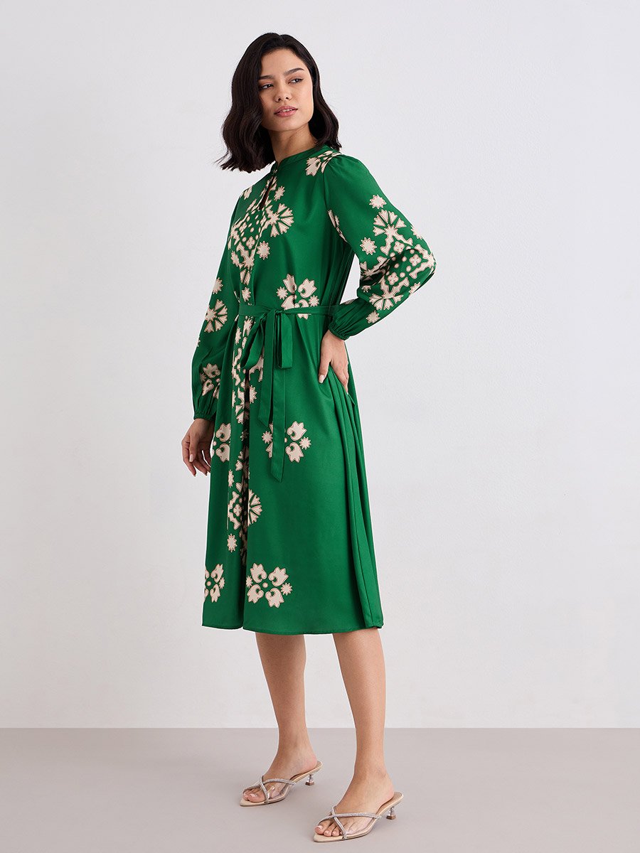 Green Geometric Print Midi Dress