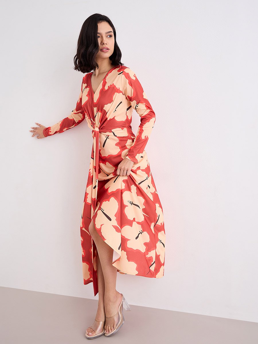 Orange Floral Print Tie-Front Maxi Dress