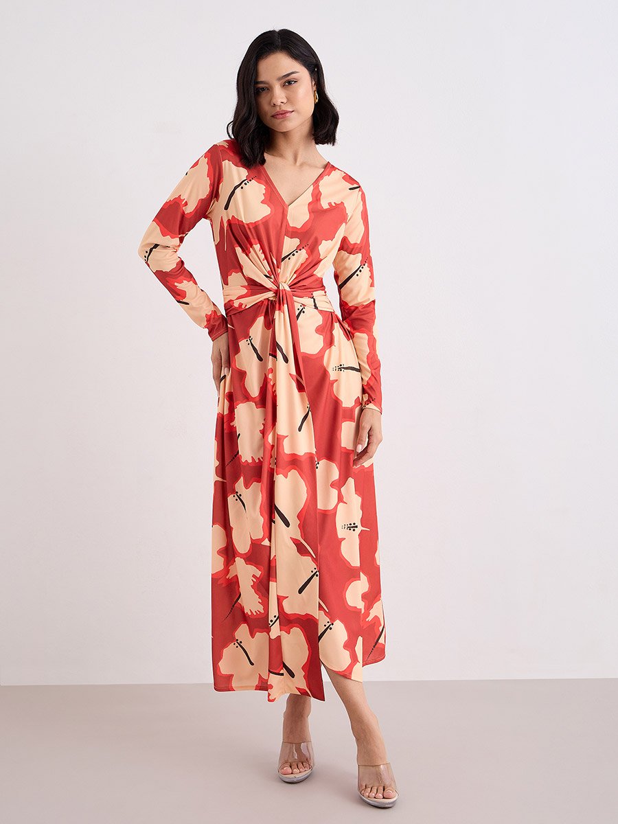 Orange Floral Print Tie-Front Maxi Dress