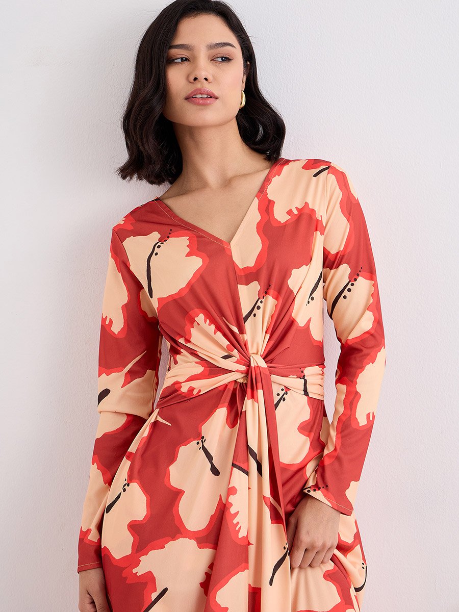 Orange Floral Print Tie-Front Maxi Dress