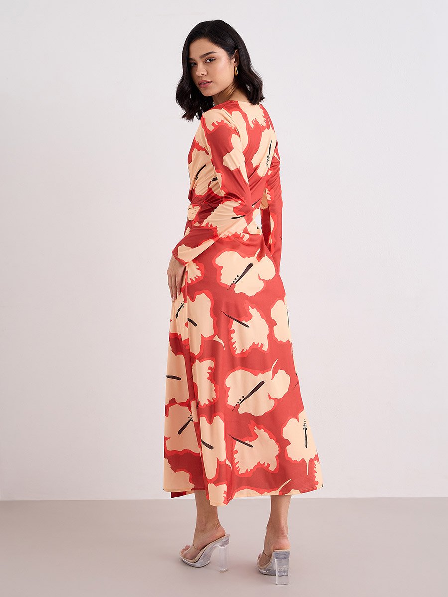 Orange Floral Print Tie-Front Maxi Dress