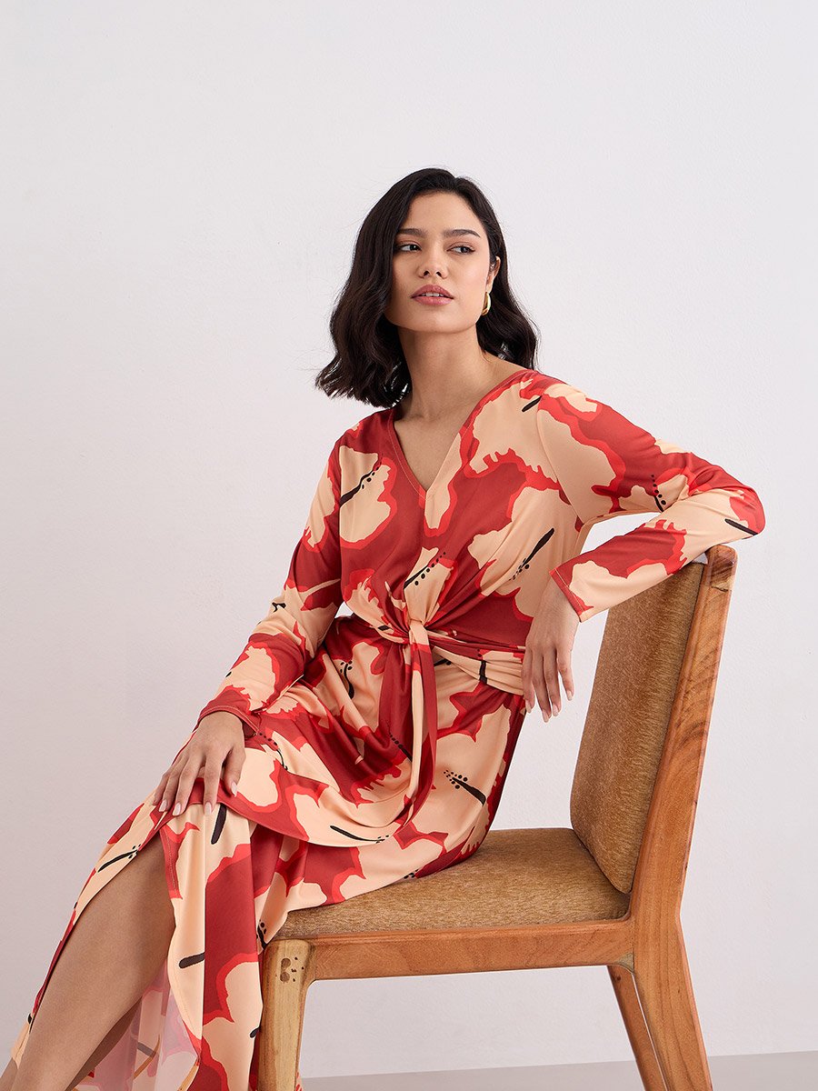 Orange Floral Print Tie-Front Maxi Dress
