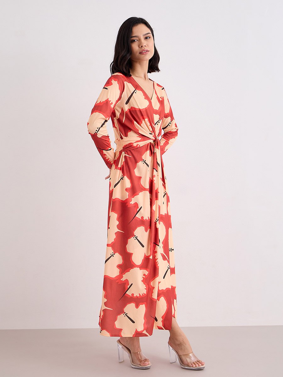 Orange Floral Print Tie-Front Maxi Dress