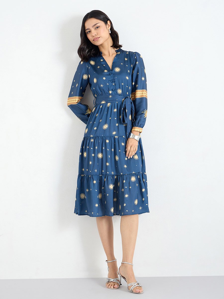 Blue Star and Moon Print Midi Dress
