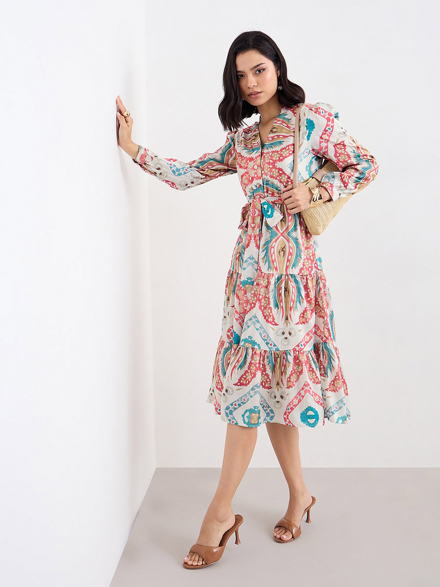 All Over Print Tiered Midi Dress