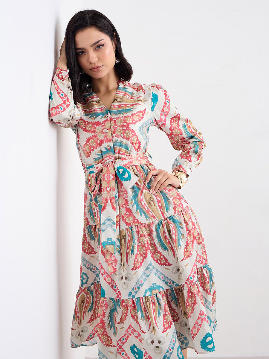 All Over Print Tiered Midi Dress