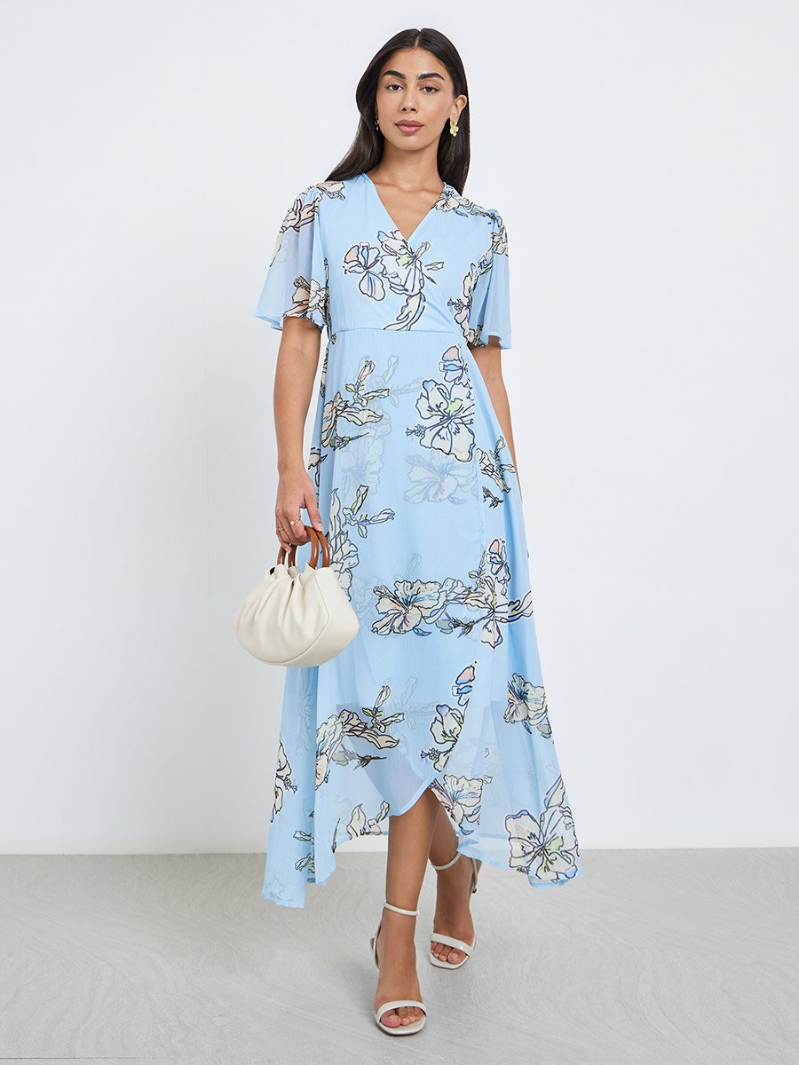 Light Blue Floral Wrap Maxi Dress