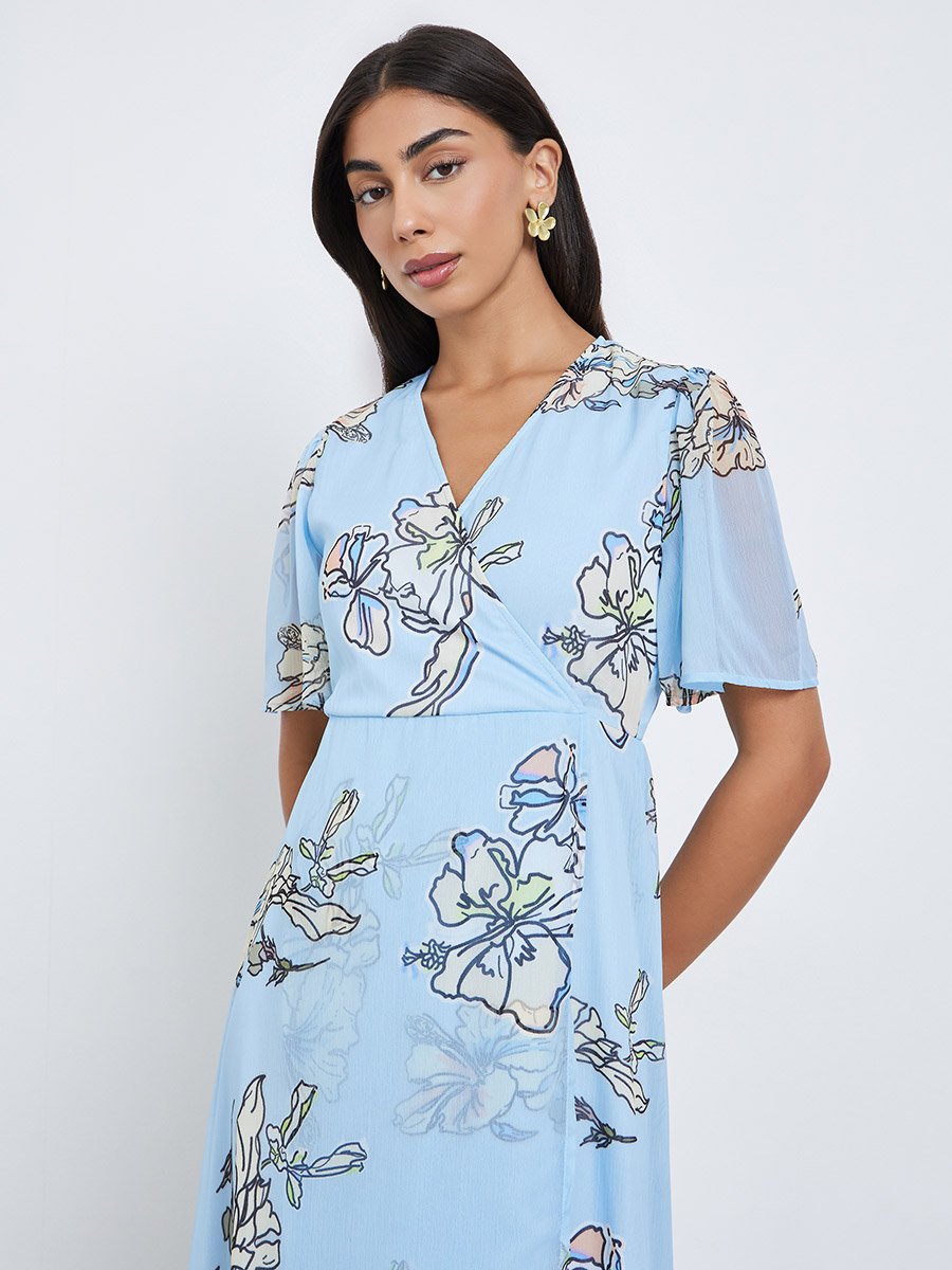 Light Blue Floral Wrap Maxi Dress