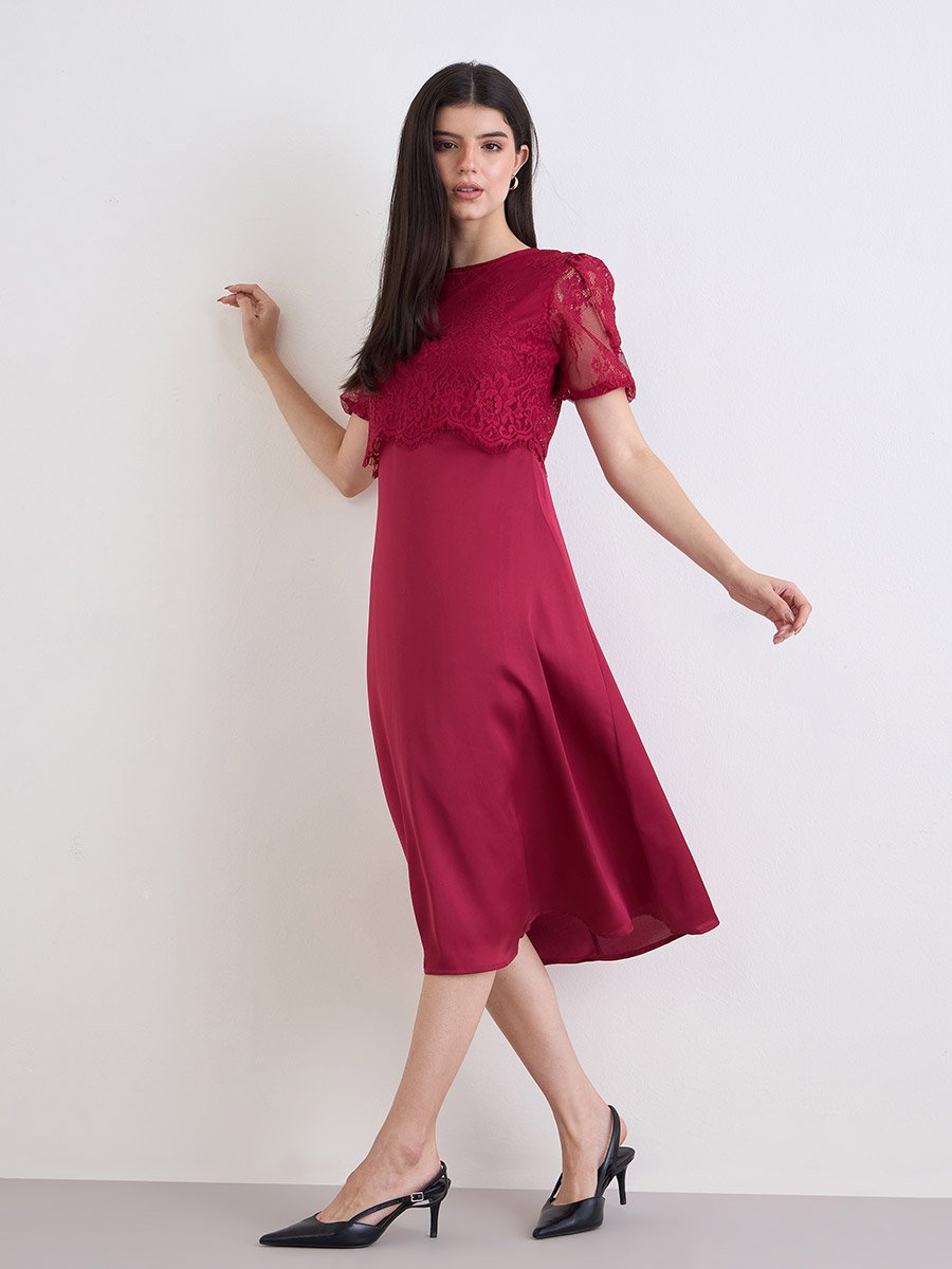 Women Red Lace Layer A-Line Midi Dress