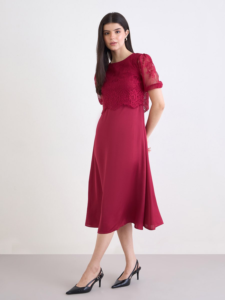Women Red Lace Layer A-Line Midi Dress